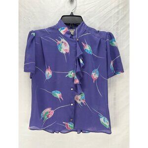 San Andre Vintage Purple Floral Blouse Women’s M Sheer Short Sleeve Retro